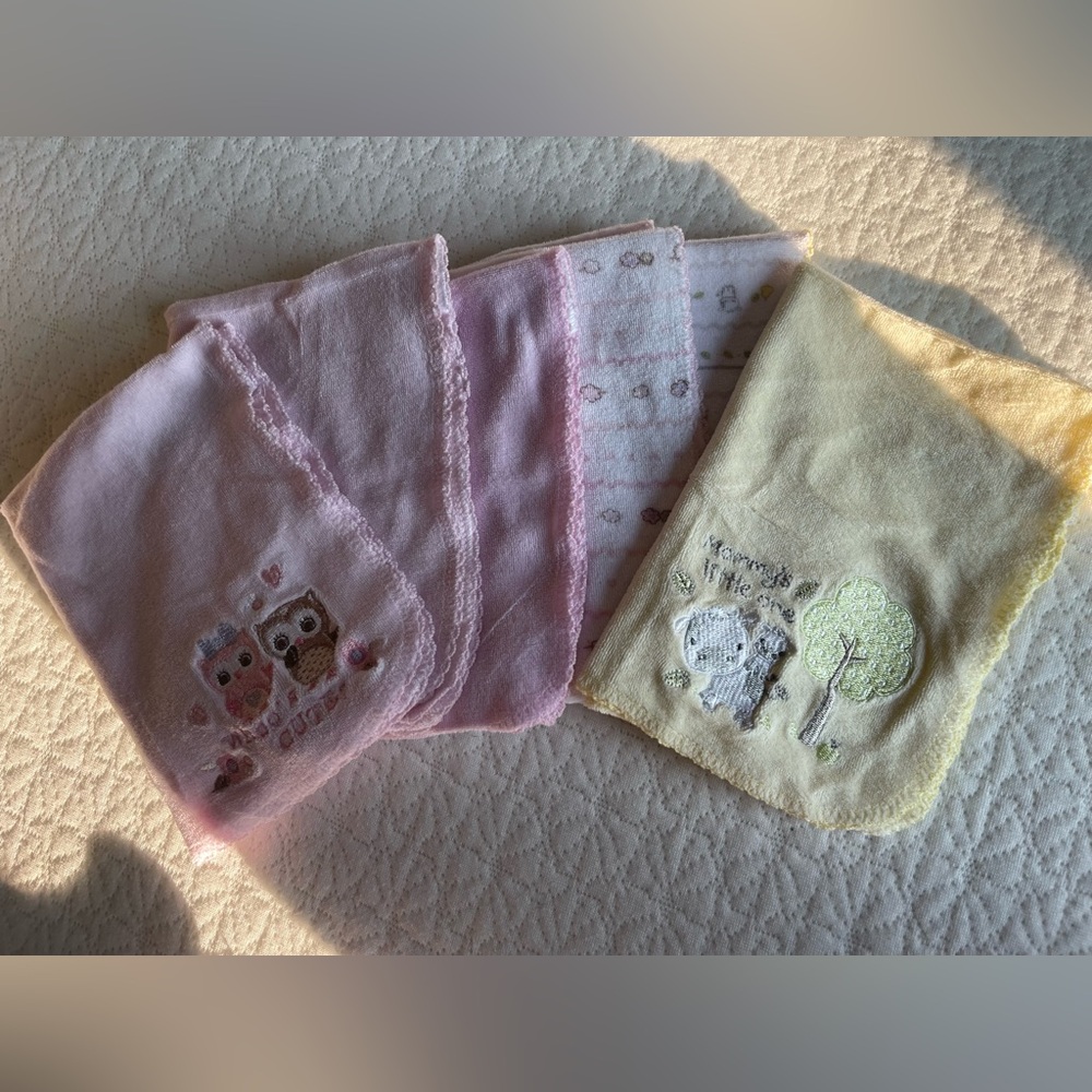 6 Baby washcloths Pink and Yellow